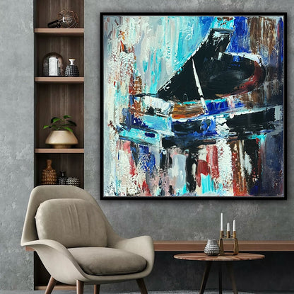 Framed in black Textured Original Abstract Oil Painting On Canvas 55x55cm Black Grand Piano