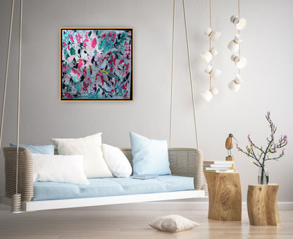 Abstract Original Oil Painting On 50x50cm canvas textured Painting ‘Summer Garden’ Oka framed in solid oak frame