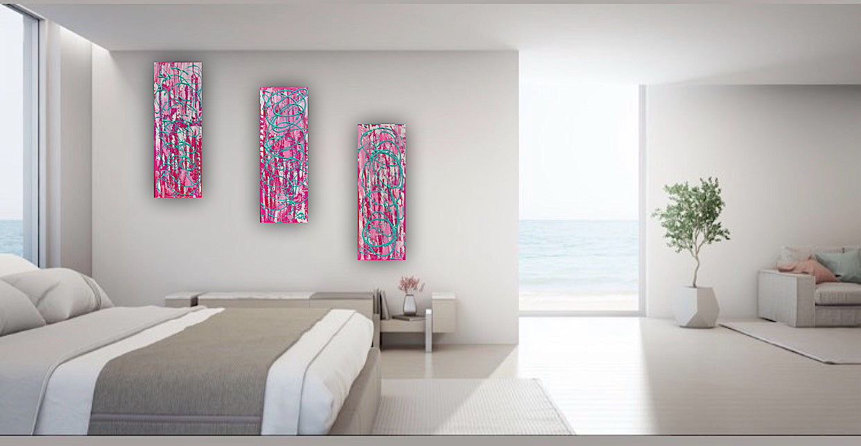 Oka set of 3 Modern Abstract Original Oil Paintings On Canvas ‘’Japan blossom’ 80 x 90 cm overall