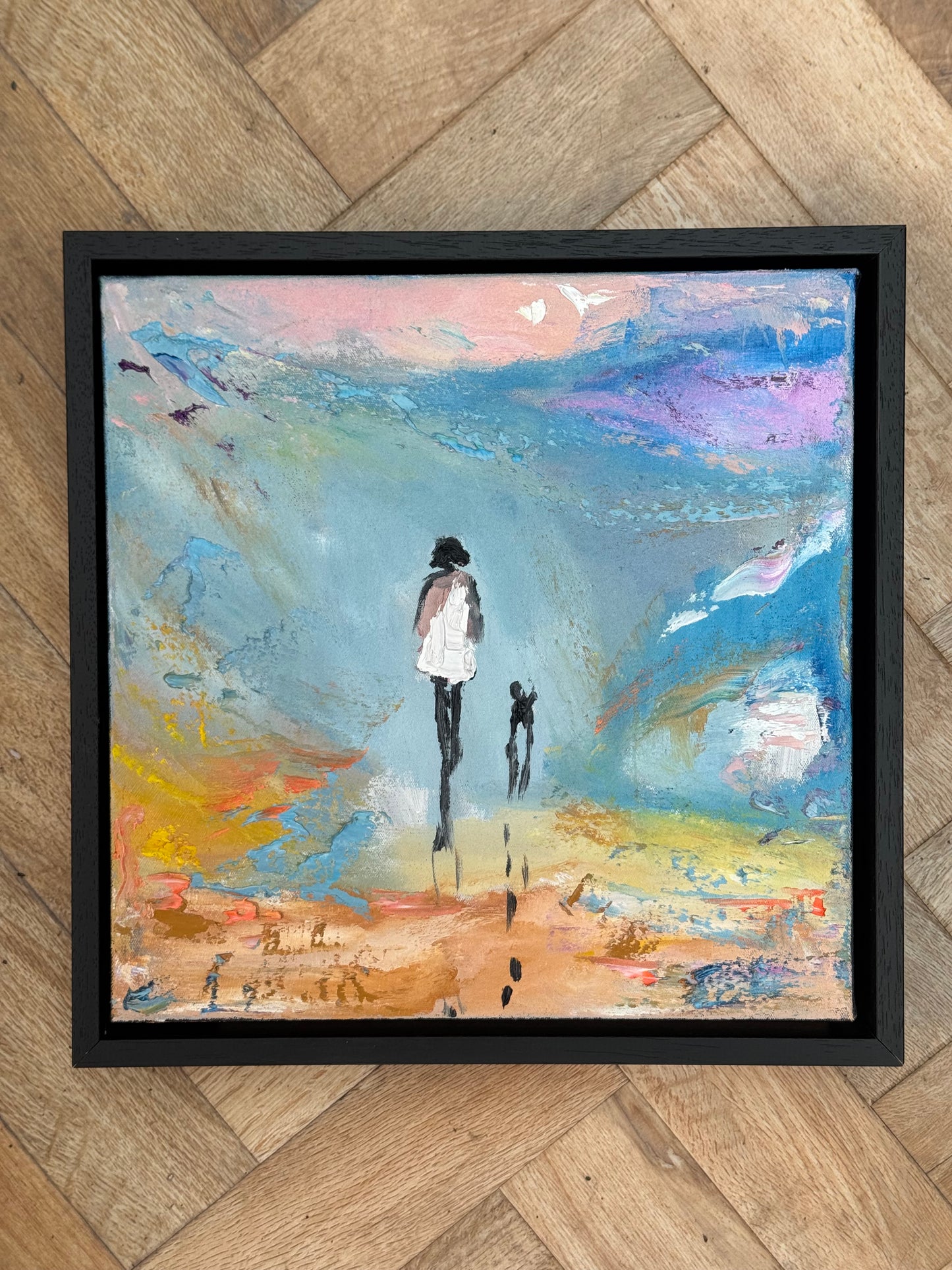 Framed in black frame Original Abstract contemporary Oil Painting On Canvas 35x35cm Woman and a dog ‘Little steps ‘