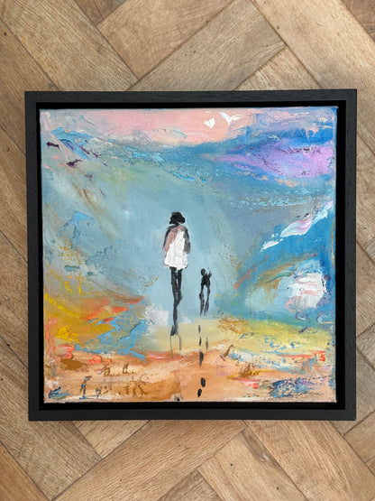 Framed in black frame Original Abstract contemporary Oil Painting On Canvas 35x35cm Woman and a dog ‘Little steps ‘
