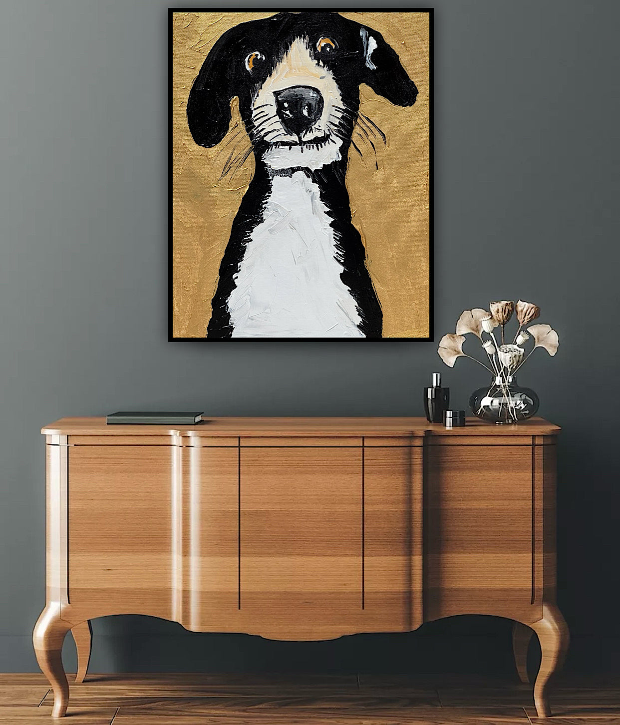 Original Abstract Oil Painting On 50 x 40cm Canvas Gold Background ‘Protector’ Dog