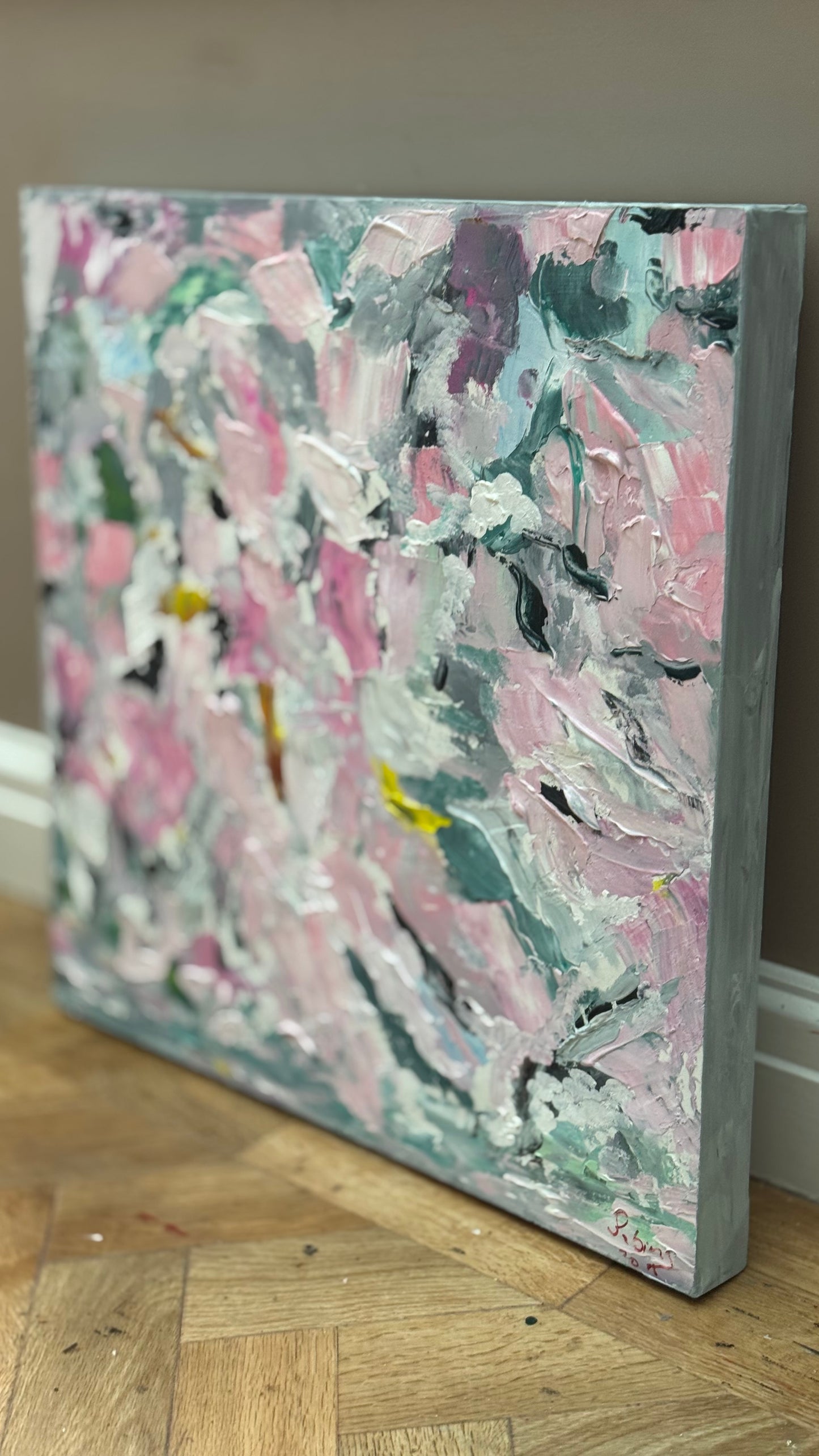 Large Abstract Original Oil Painting On 50x50cm canvas textured Painting ‘Pink Fusion’ Oka framed in solid oak frame