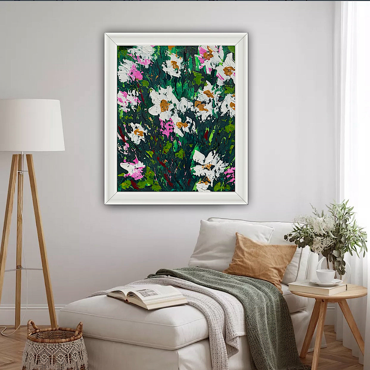 Original Abstract Oil Painting On Canvas board 60 x 50cm garden white flowers I Oka