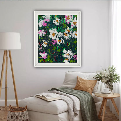 Original Abstract Oil Painting On Canvas board 60 x 50cm garden white flowers I Oka