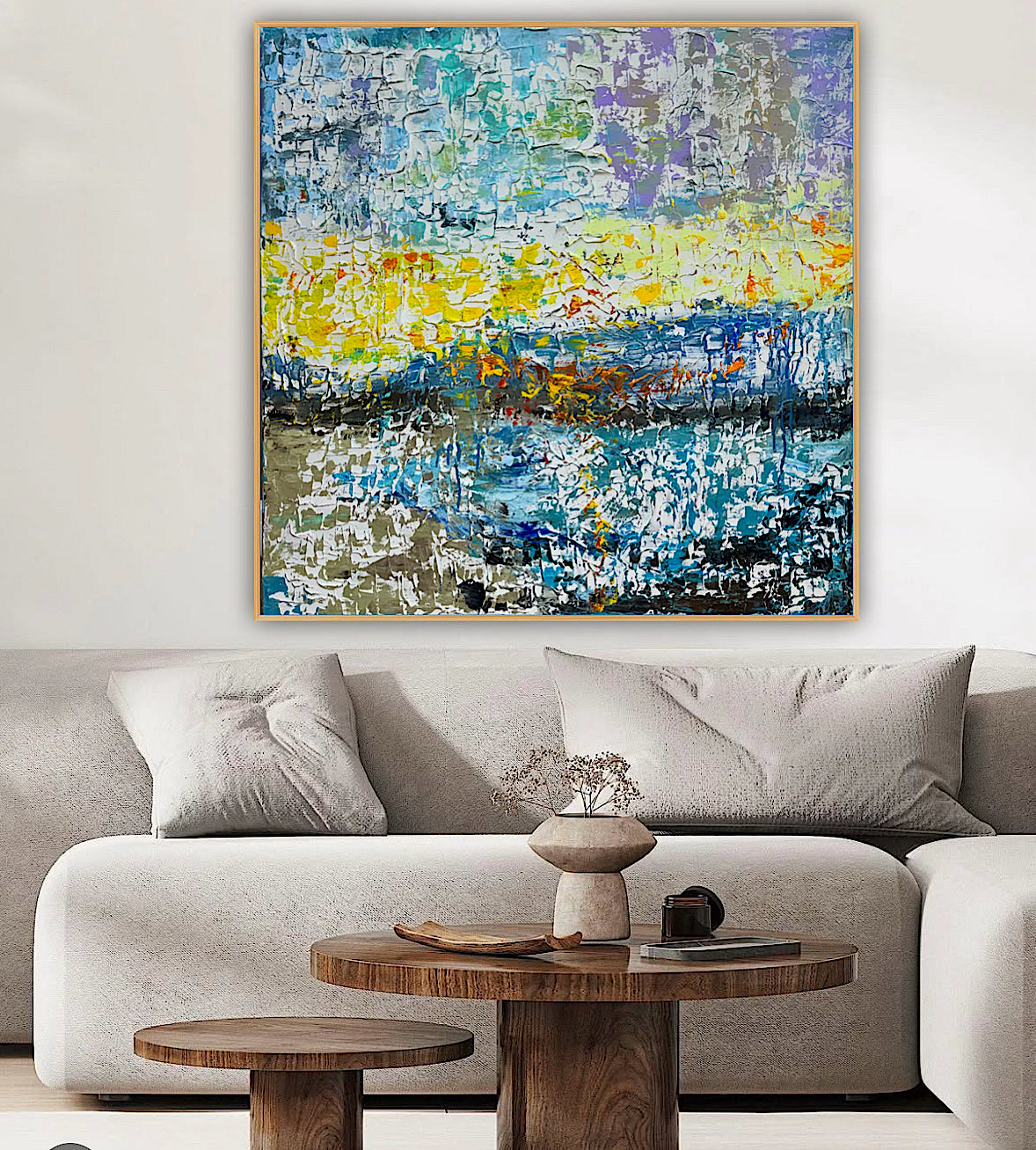 Original Abstract Oil Painting On Canvas Textured 100x100cm  Tides of Radiance (seaside)