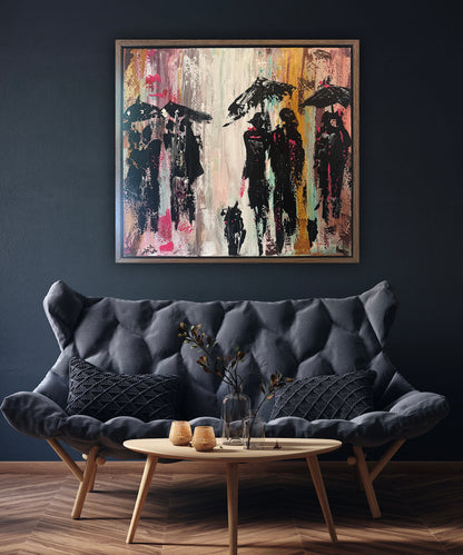 Original Abstract contemporary Oil Painting On Canvas 64cm x 60cm London in the Rain Framed in dark oak