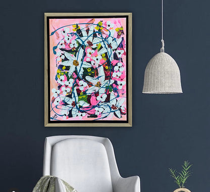 Framed Original Abstract contemporary Oil Painting On Canvas 40 x 30cm white Flowers Oka