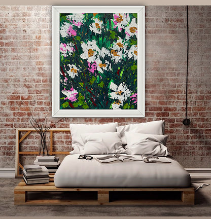 Original Abstract Oil Painting On Canvas board 60 x 50cm garden white flowers I Oka