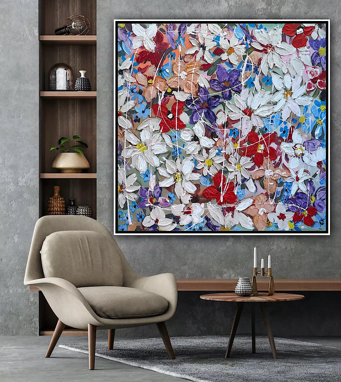 Framed Original Abstract Oil Painting On Canvas 80x80cm Roses & more Flowers Textured