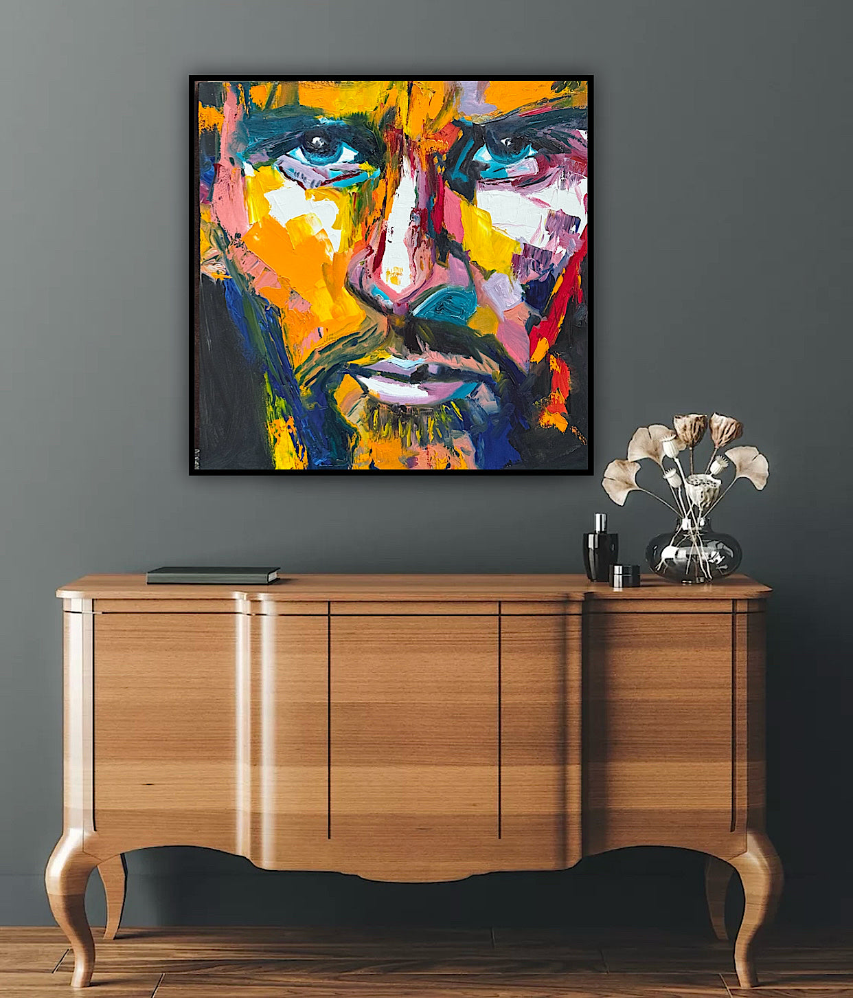 Original Abstract mixed media oil Painting On Canvas 50x50cm male portrait ‘Alejandro’ oka