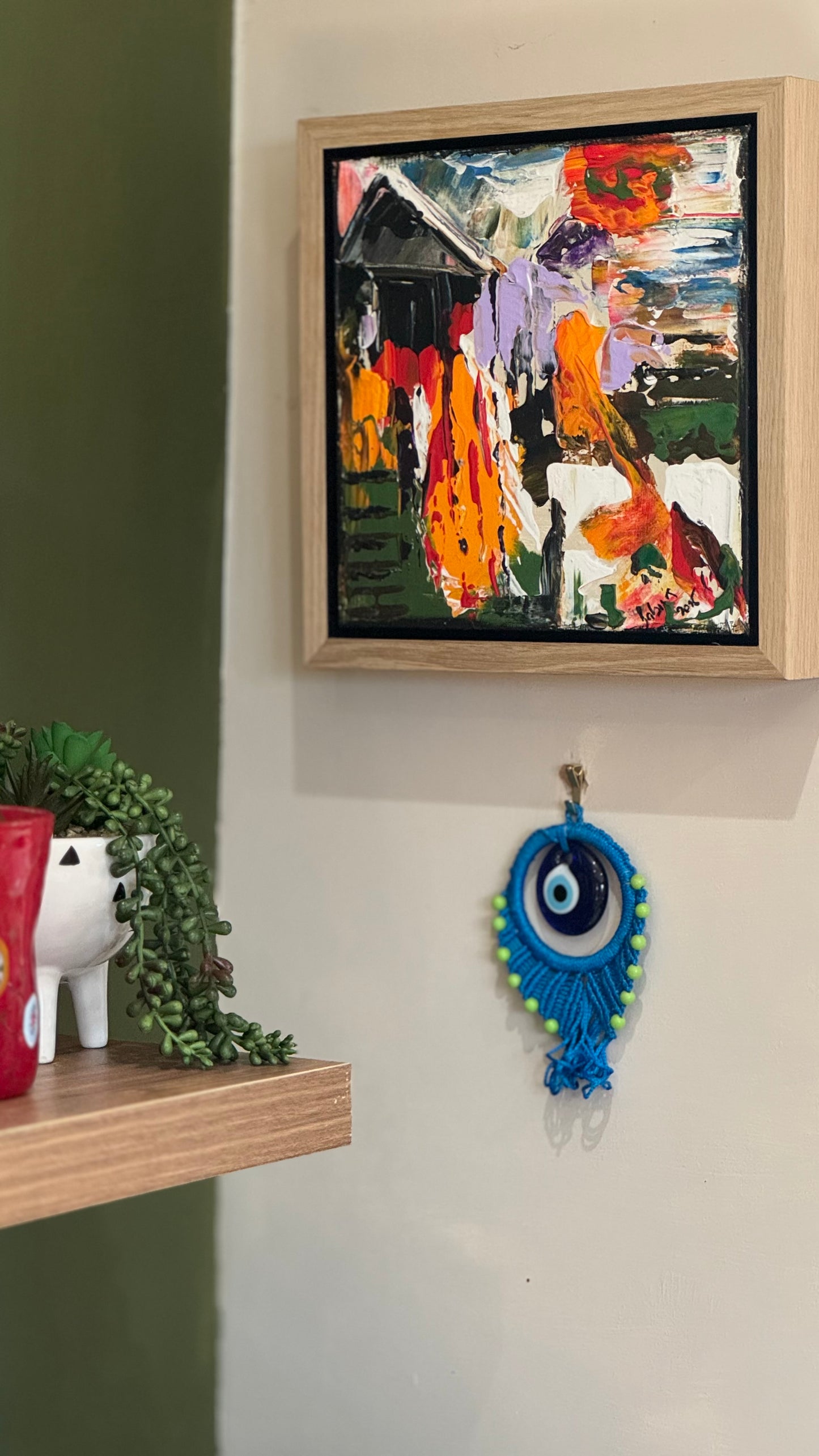 Framed Original Abstract contemporary Oil Painting On Canvas 30 x 30cm House on a Hill Oka