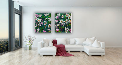 Original Abstract Oil Painting On Canvas board 60 x 50cm garden white flowers I Oka