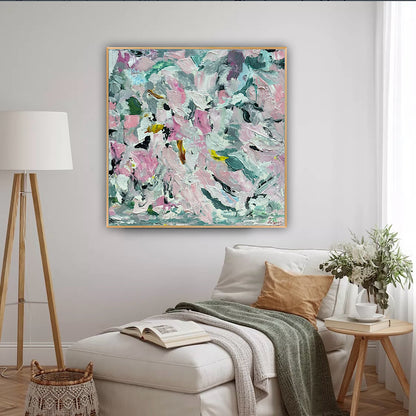 Large Abstract Original Oil Painting On 50x50cm canvas textured Painting ‘Pink Fusion’ Oka framed in solid oak frame