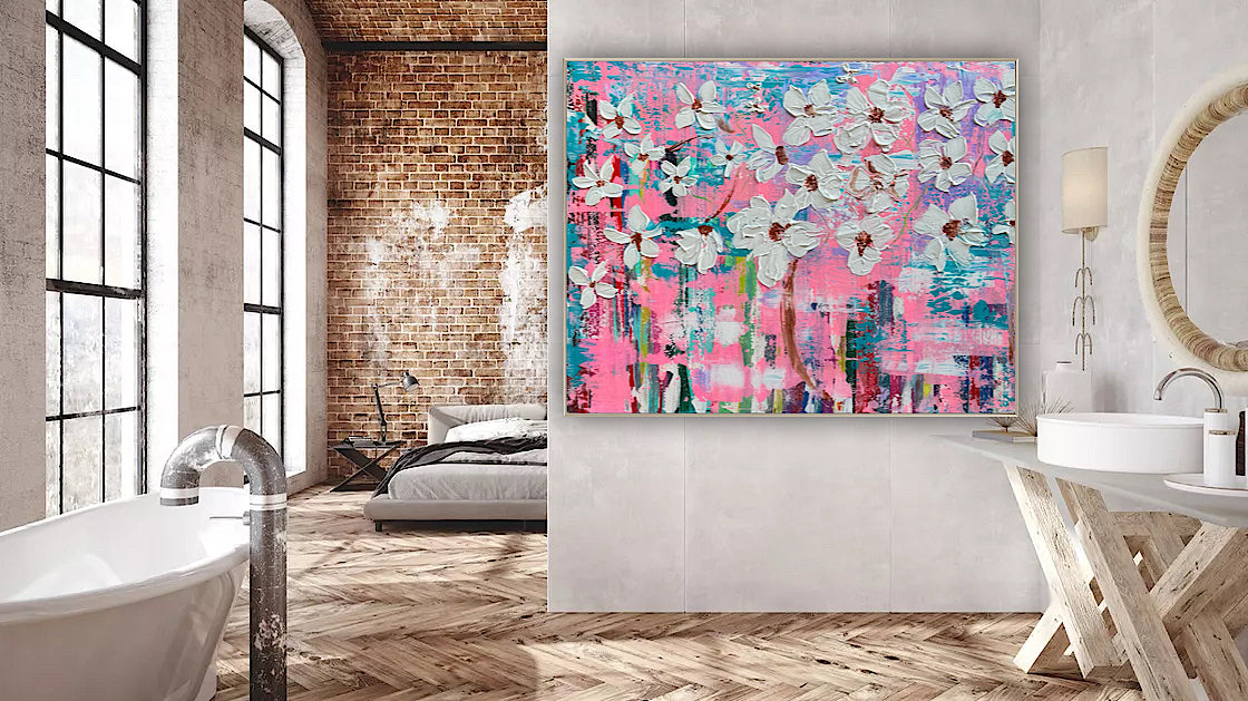 Large Abstract Original Oil Painting On 100x77cm canvas ‘White Flowers ’ vogue oka