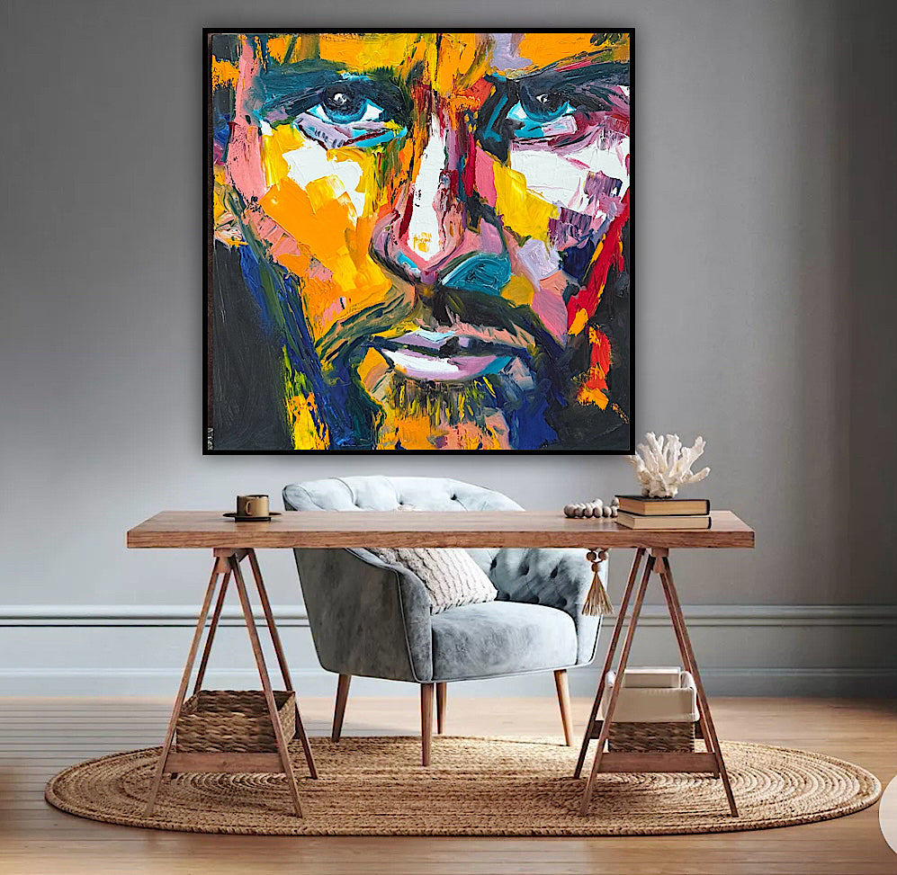 Original Abstract mixed media oil Painting On Canvas 50x50cm male portrait ‘Alejandro’ oka