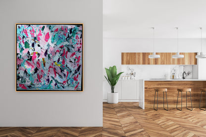 Abstract Original Oil Painting On 50x50cm canvas textured Painting ‘Summer Garden’ Oka framed in solid oak frame
