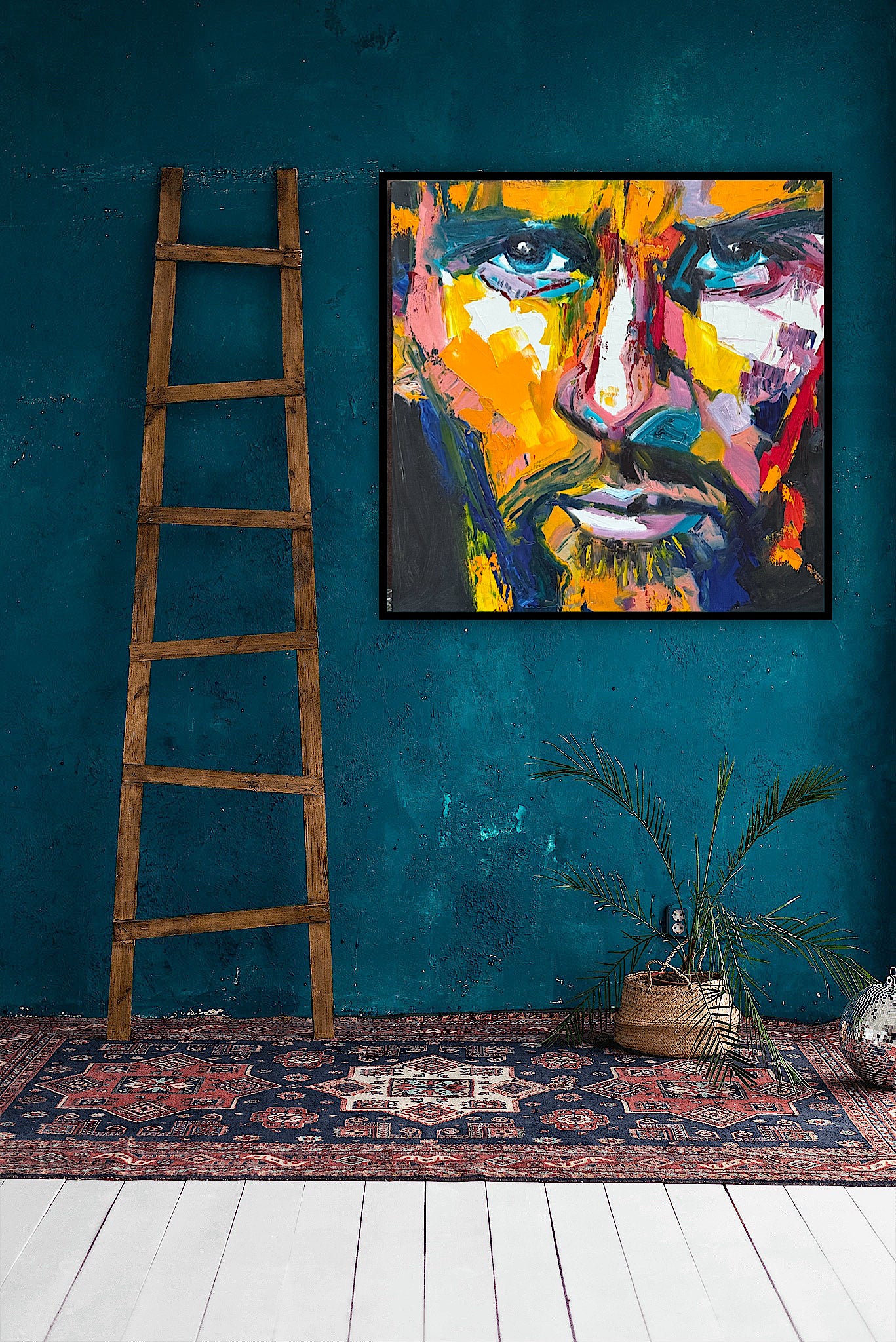 Original Abstract mixed media oil Painting On Canvas 50x50cm male portrait ‘Alejandro’ oka