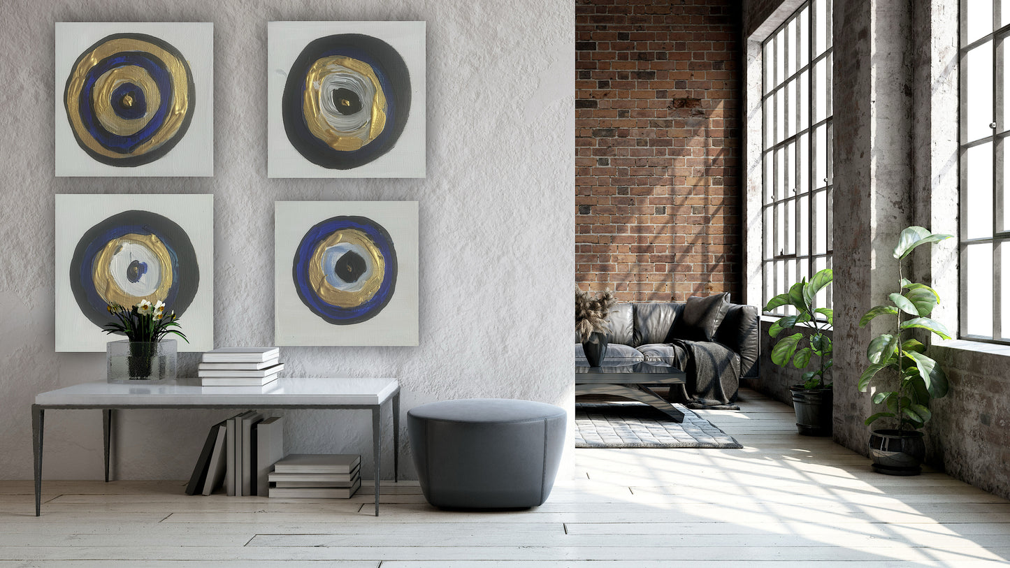 Oka set of 4 Modern Abstract Original Oil Paintings On Canvas ‘Evil Eye’  15x15cm each Nazar