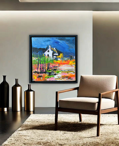 Framed in black frame Original Abstract contemporary Oil Painting On Canvas 32 x 32cm Irish cottage