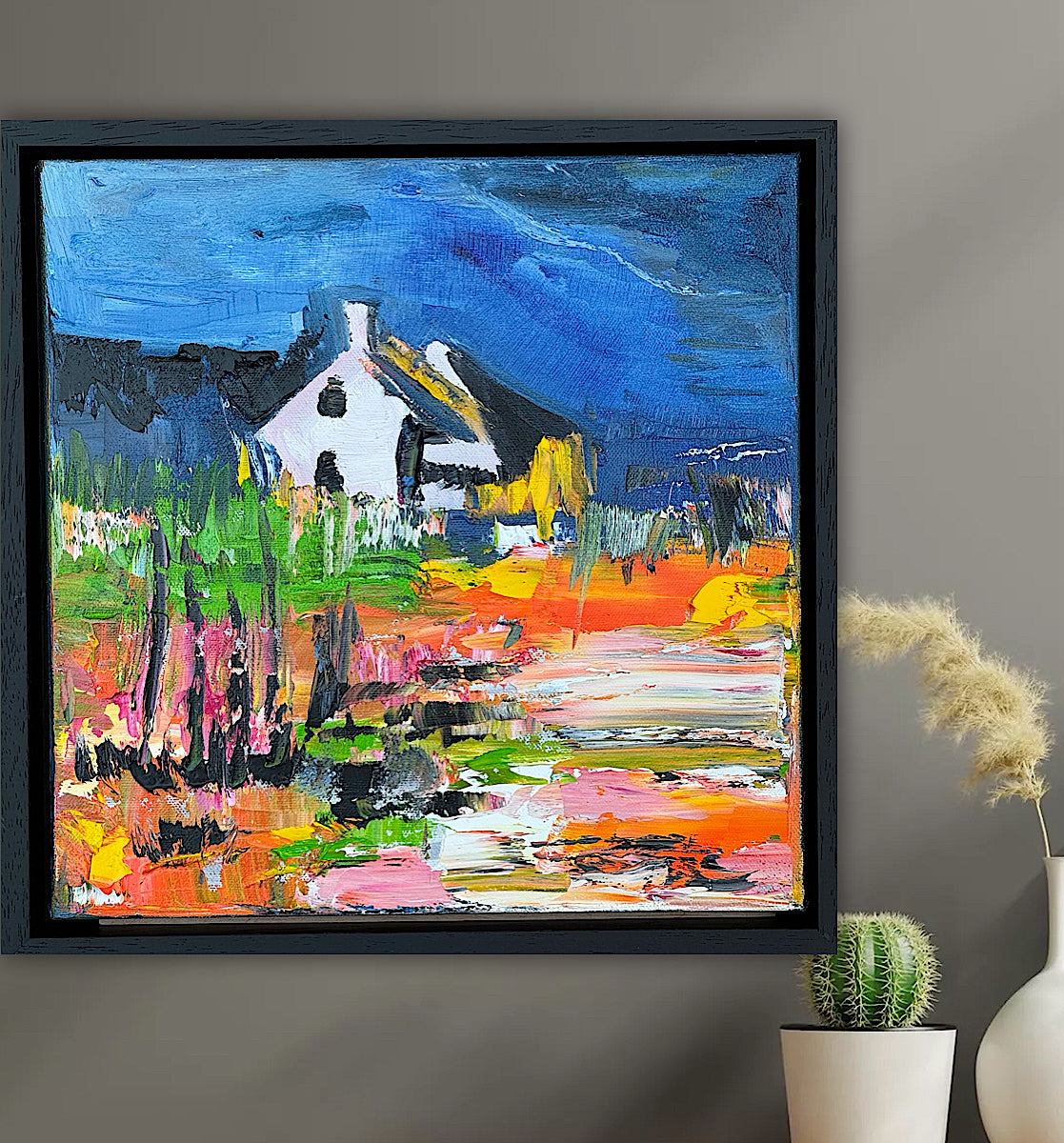 Framed in black frame Original Abstract contemporary Oil Painting On Canvas 32 x 32cm Irish cottage
