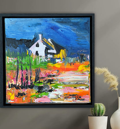 Framed in black frame Original Abstract contemporary Oil Painting On Canvas 32 x 32cm Irish cottage