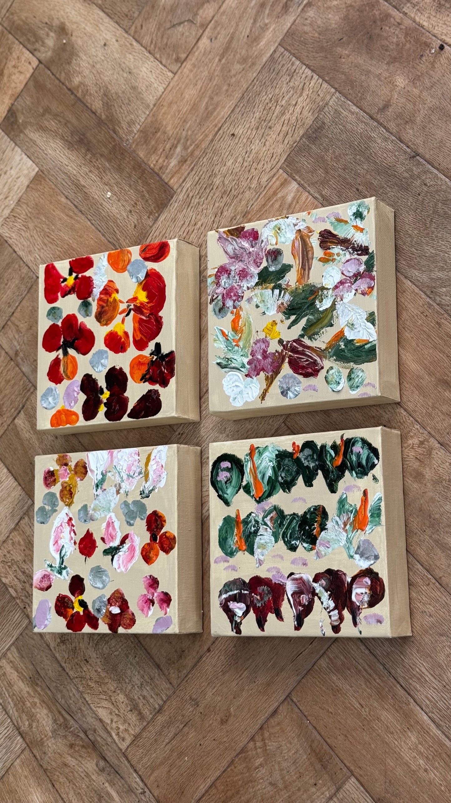 Oka set of 4 Modern Abstract Original Oil Paintings On Canvas Petals 15x15cm each