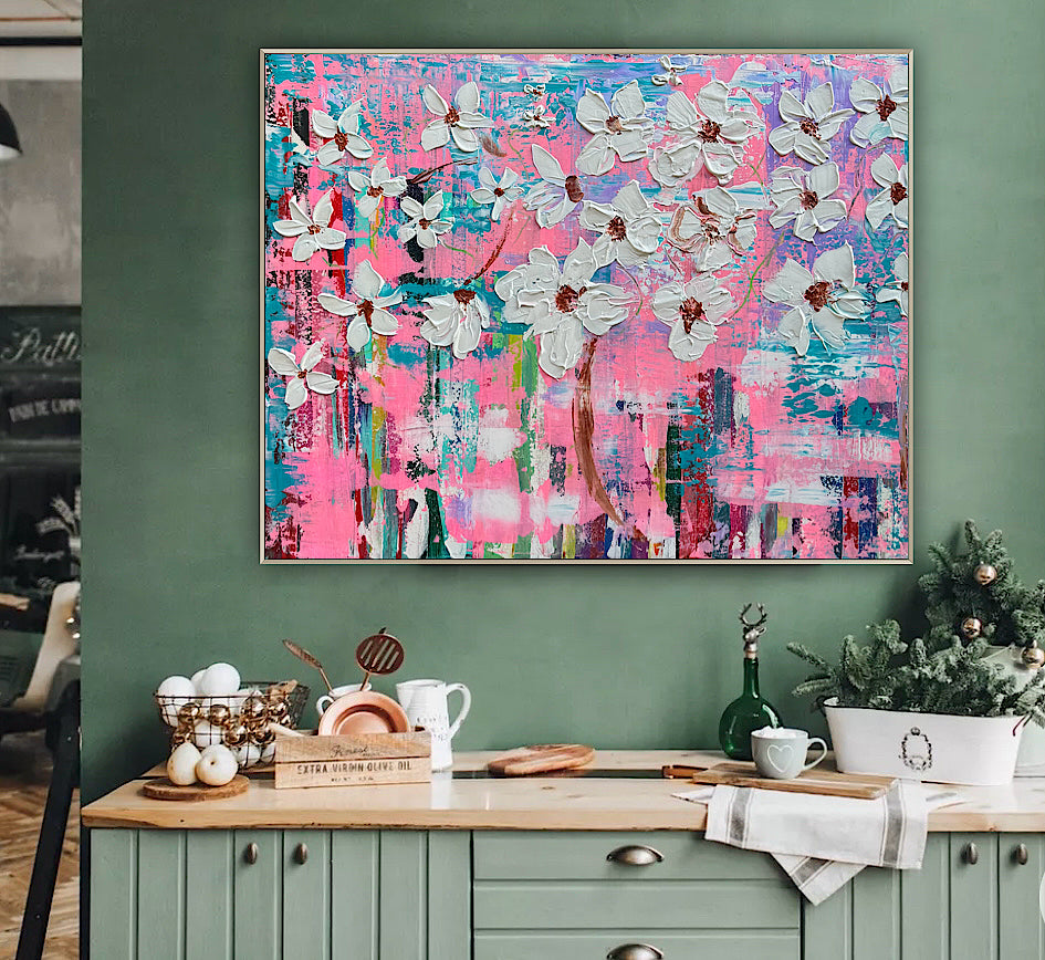 Large Abstract Original Oil Painting On 100x77cm canvas ‘White Flowers ’ vogue oka