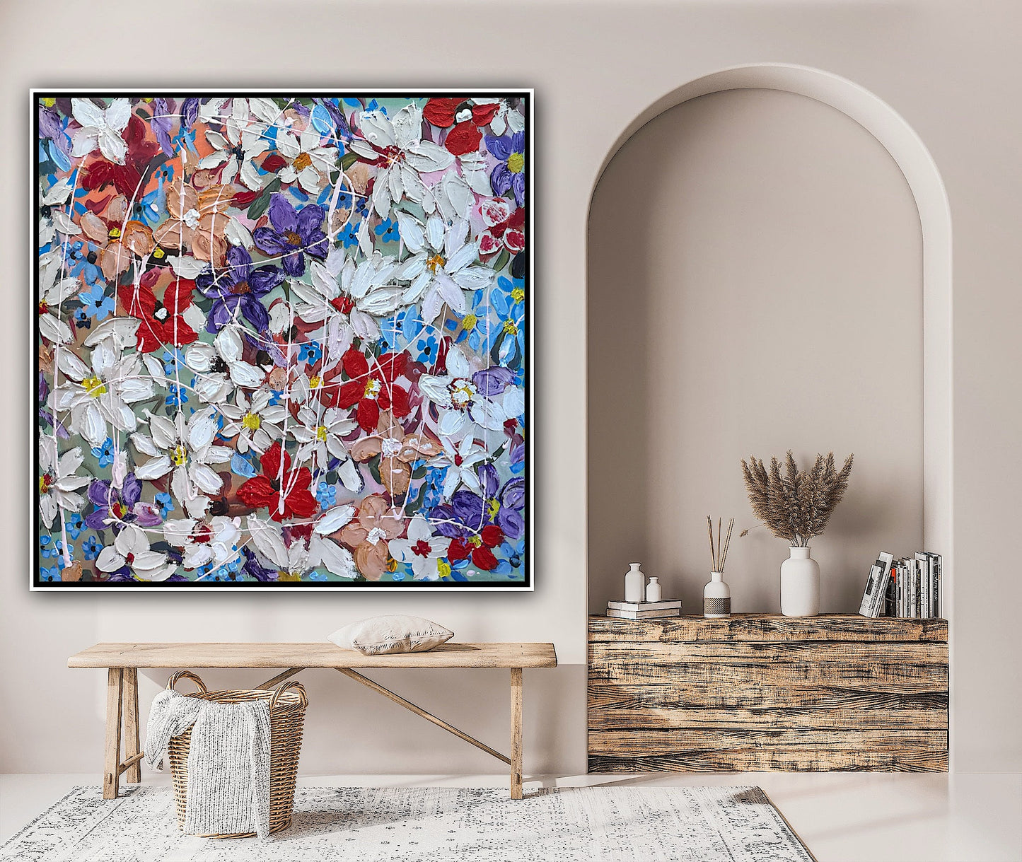 Framed Original Abstract Oil Painting On Canvas 80x80cm Roses & more Flowers Textured