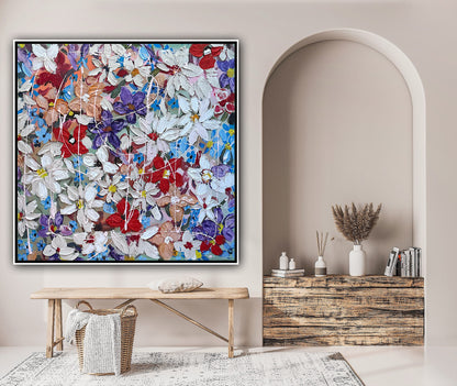 Framed Original Abstract Oil Painting On Canvas 80x80cm Roses & more Flowers Textured