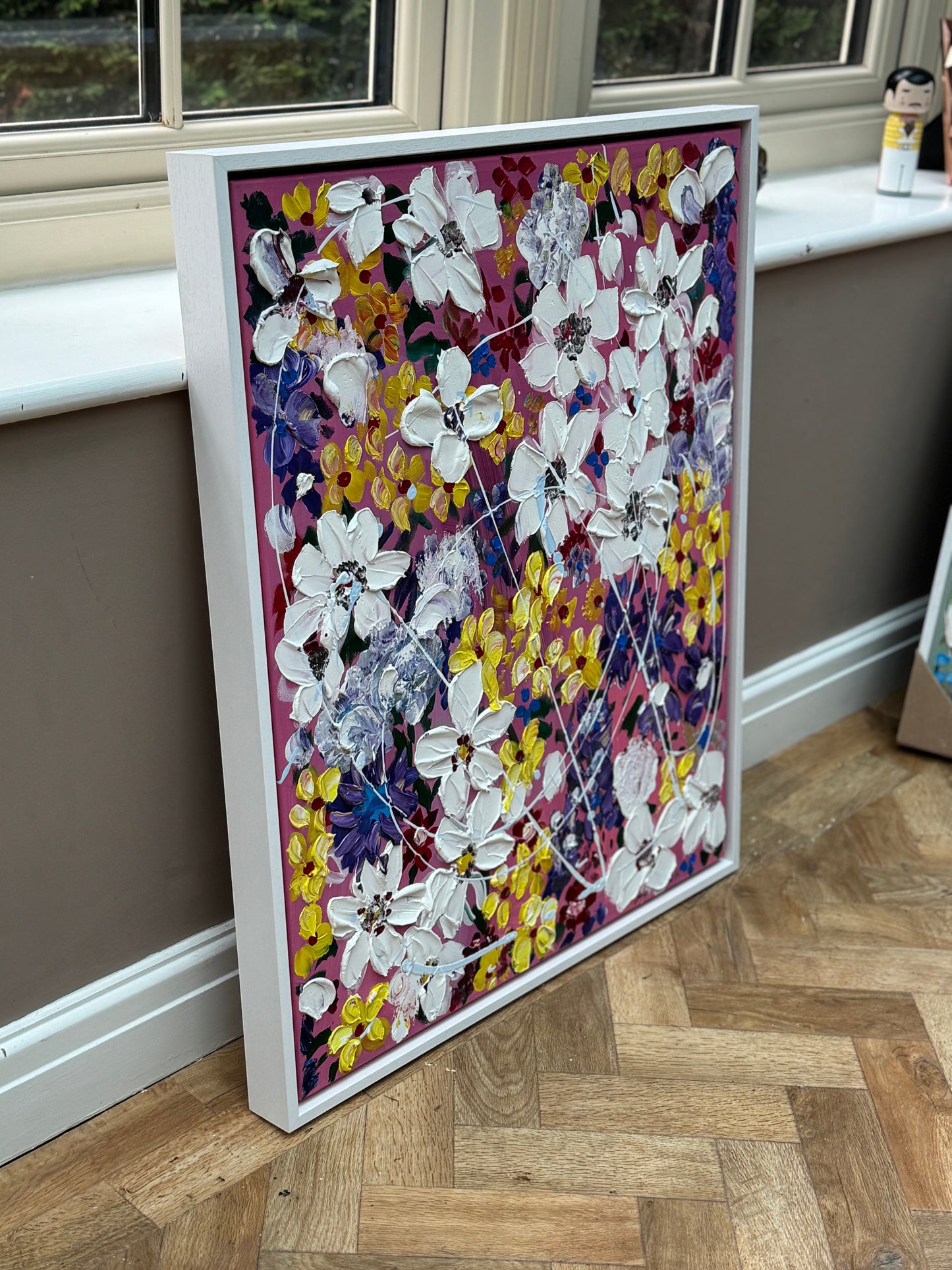 Framed Original Abstract Oil Painting On Canvas 80 x 65cm white flowers in bloom textured framed