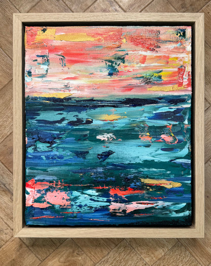 Framed in oak Original Abstract contemporary Oil Painting On Canvas 40x35cm  textured Oka Azure Ember