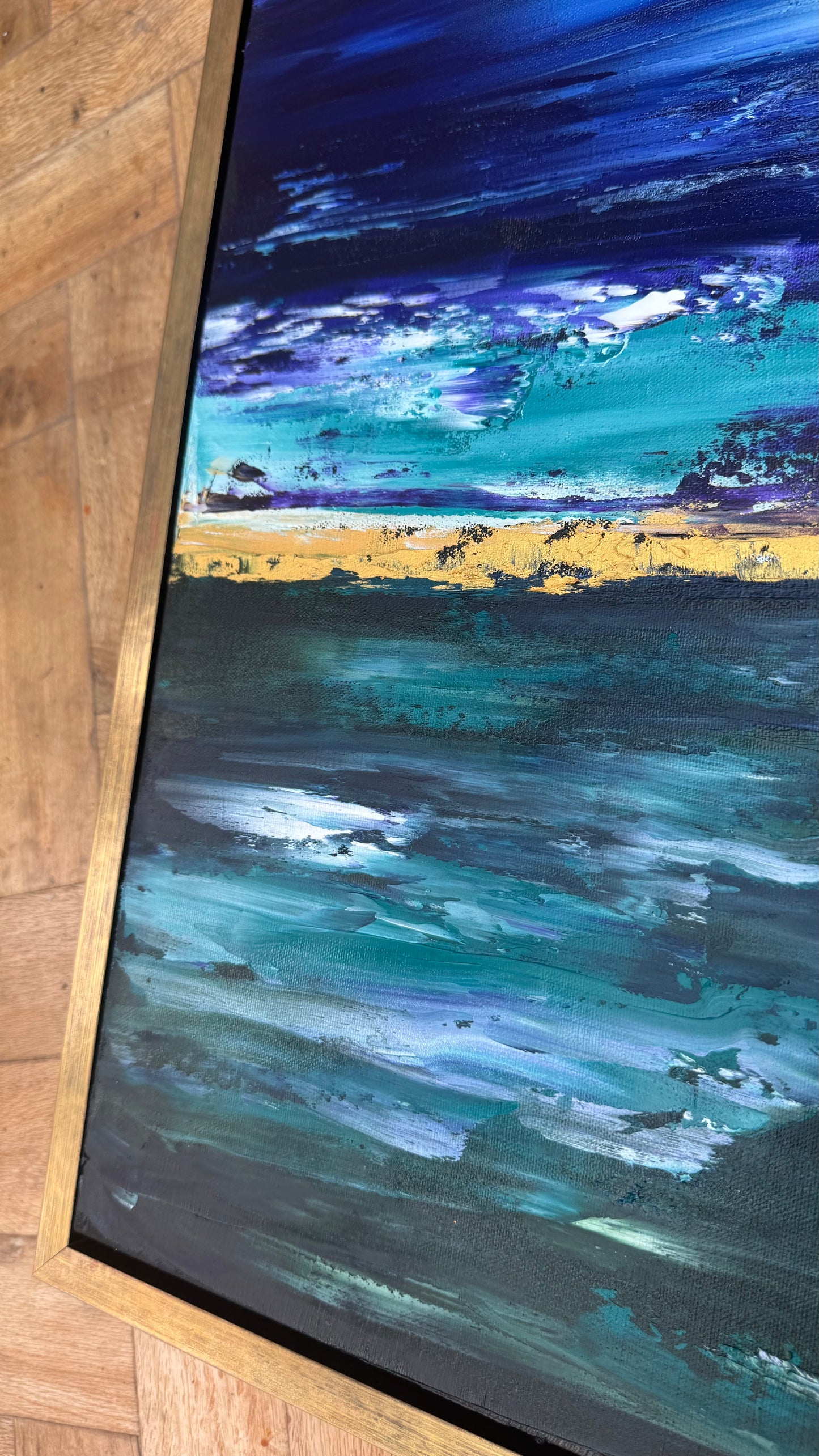 Framed in gold oak frame Original Abstract contemporary Oil Painting On Canvas 55x50cm  textured Oka Night Ocean