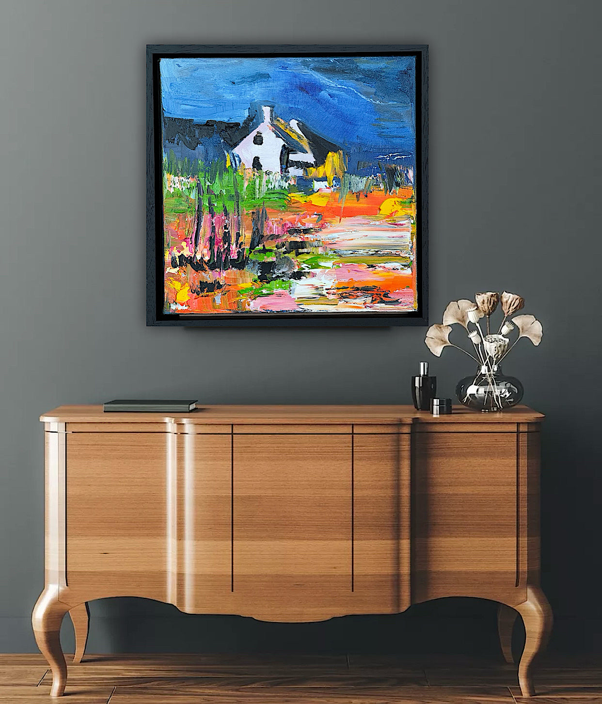 Framed in black frame Original Abstract contemporary Oil Painting On Canvas 32 x 32cm Irish cottage