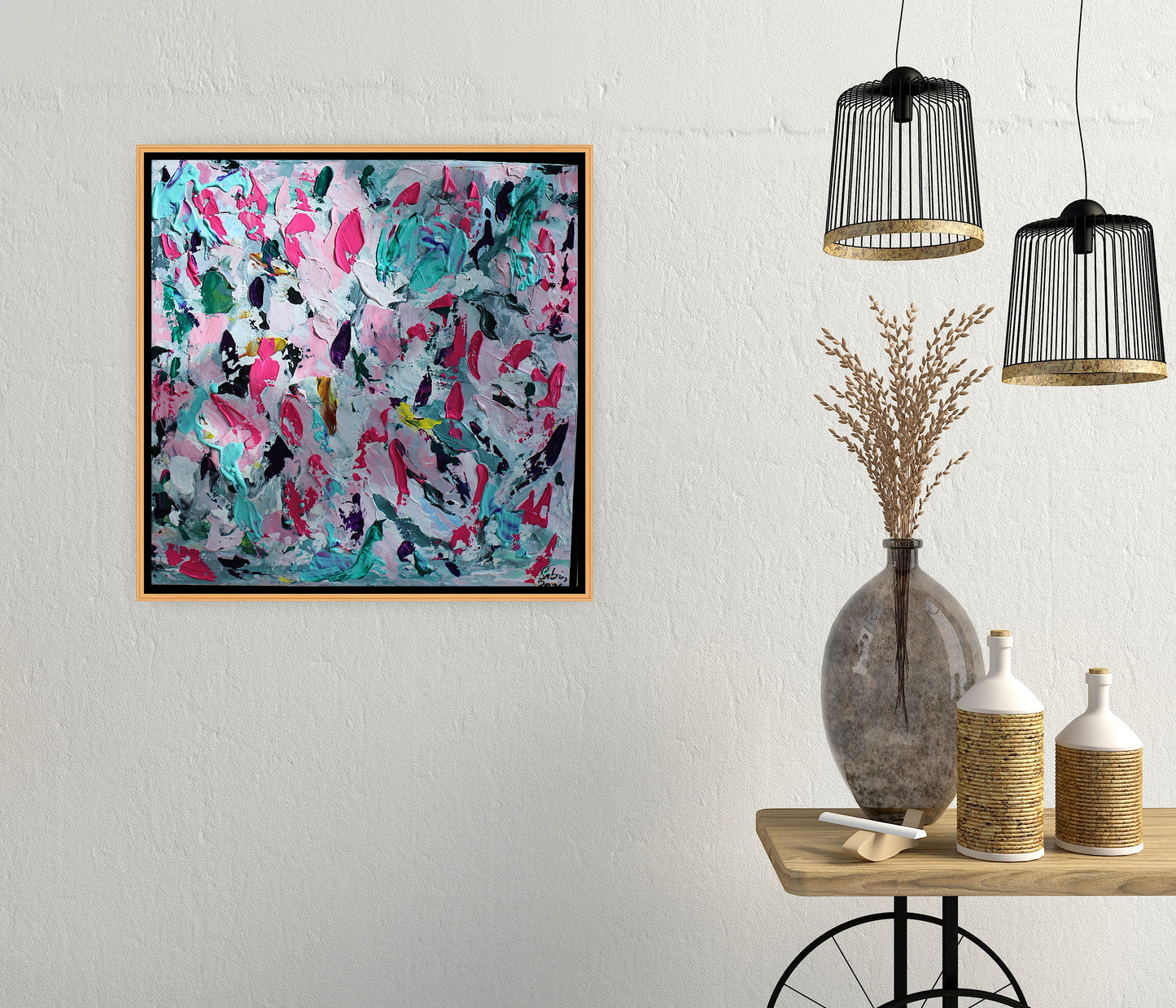 Abstract Original Oil Painting On 50x50cm canvas textured Painting ‘Summer Garden’ Oka framed in solid oak frame