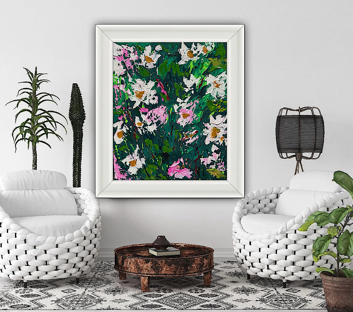 Original Abstract Oil Painting On Canvas board 60 x 50cm garden white flowers II Oka