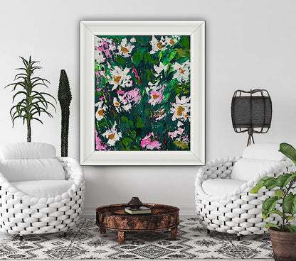 Original Abstract Oil Painting On Canvas board 60 x 50cm garden white flowers II Oka