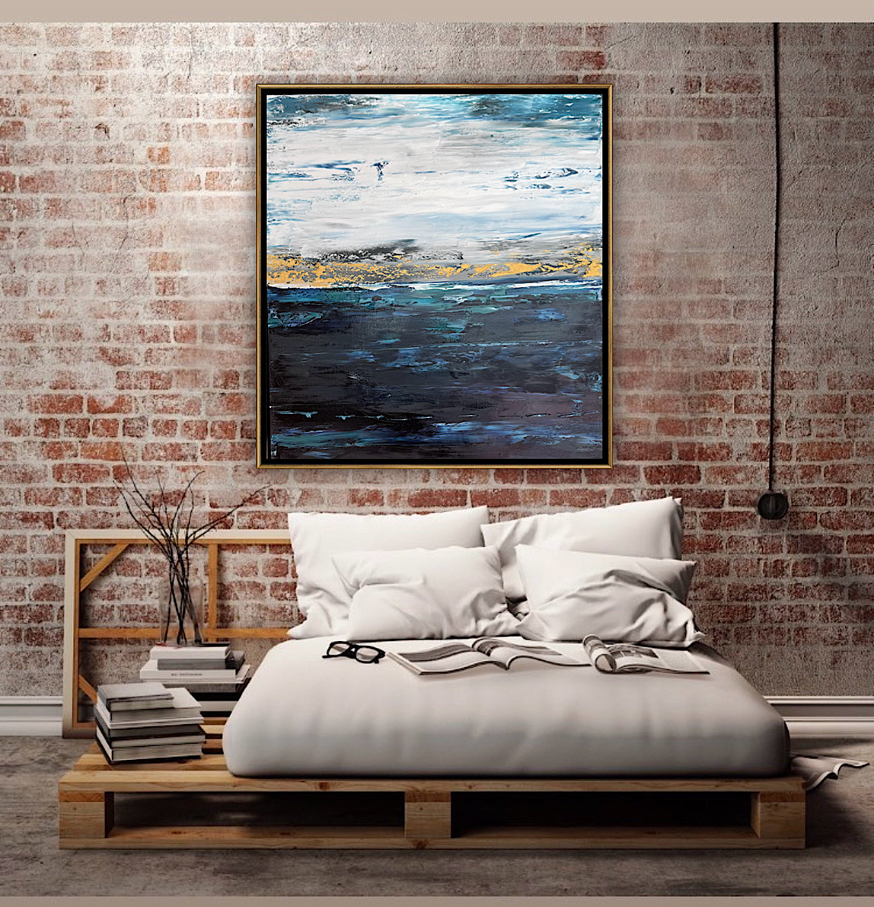 Framed in gold oak frame Original Abstract contemporary Oil Painting On Canvas 77x70cm  textured Oka Coastal Line