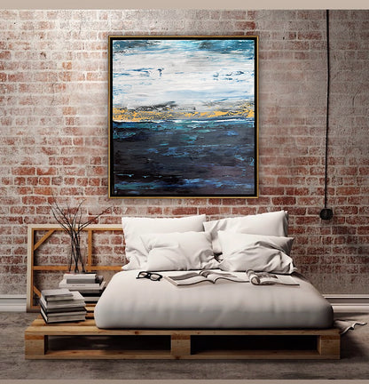 Framed in gold oak frame Original Abstract contemporary Oil Painting On Canvas 77x70cm  textured Oka Coastal Line