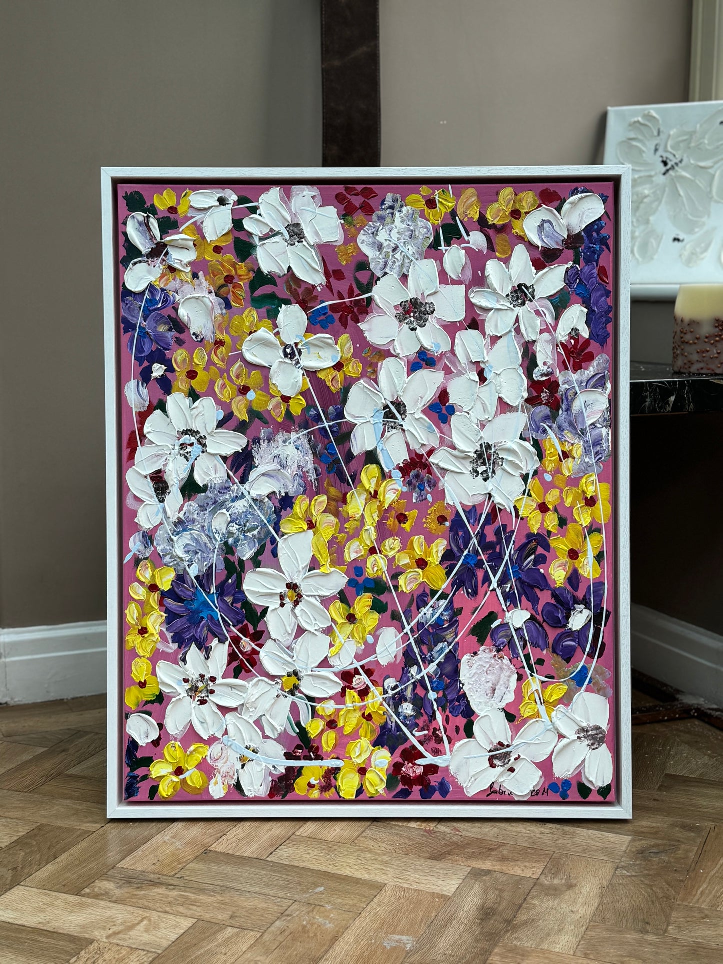 Framed Original Abstract Oil Painting On Canvas 80 x 65cm white flowers in bloom textured framed