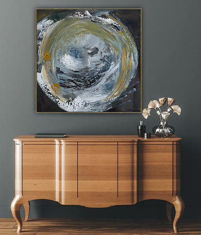 Original Abstract mixed media oil acrylic wax Painting On Canvas 50x50cm Gold & Ash Orbit oka