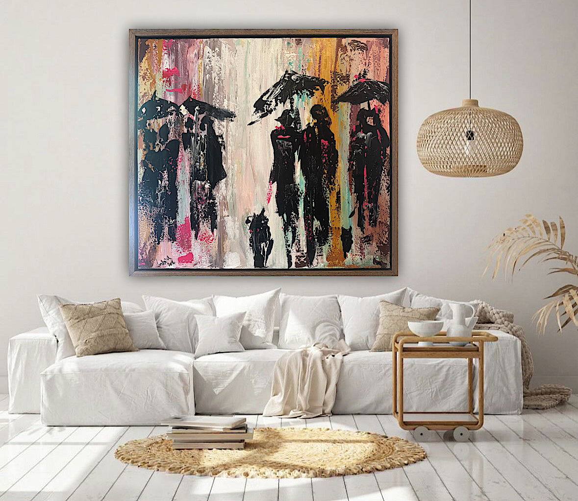 Original Abstract contemporary Oil Painting On Canvas 64cm x 60cm London in the Rain Framed in dark oak