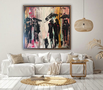 Original Abstract contemporary Oil Painting On Canvas 64cm x 60cm London in the Rain Framed in dark oak