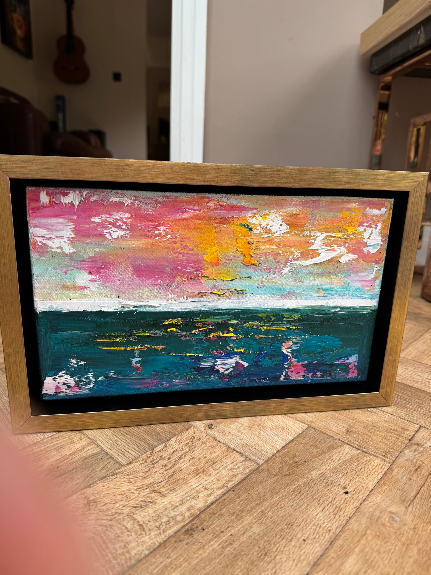 Framed in gold Original Abstract contemporary Oil Painting On Canvas 36x23cm textured Rose Gold sea