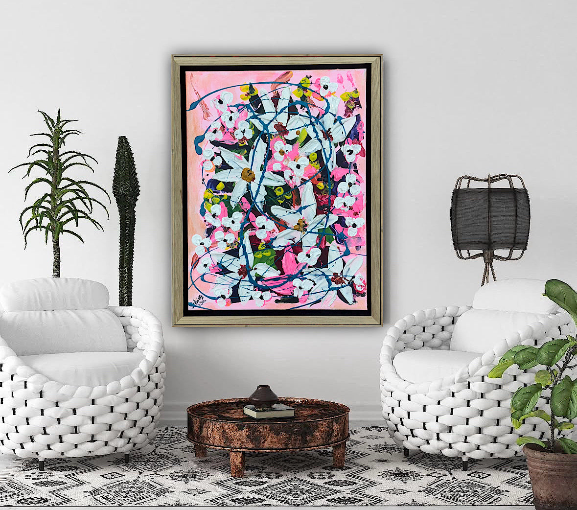 Framed Original Abstract contemporary Oil Painting On Canvas 40 x 30cm white Flowers Oka