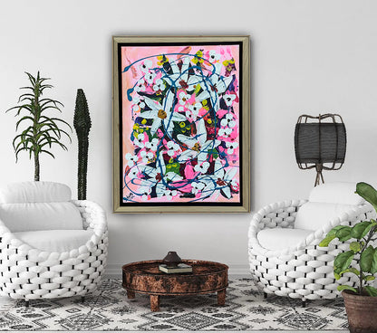 Framed Original Abstract contemporary Oil Painting On Canvas 40 x 30cm white Flowers Oka