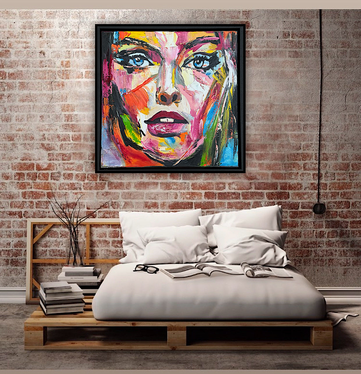 Framed in black frame Original Abstract contemporary Oil Painting On Canvas 54 x 54cm Wild Muse woman portrait