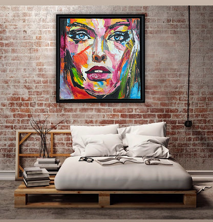 Framed in black frame Original Abstract contemporary Oil Painting On Canvas 54 x 54cm Wild Muse woman portrait