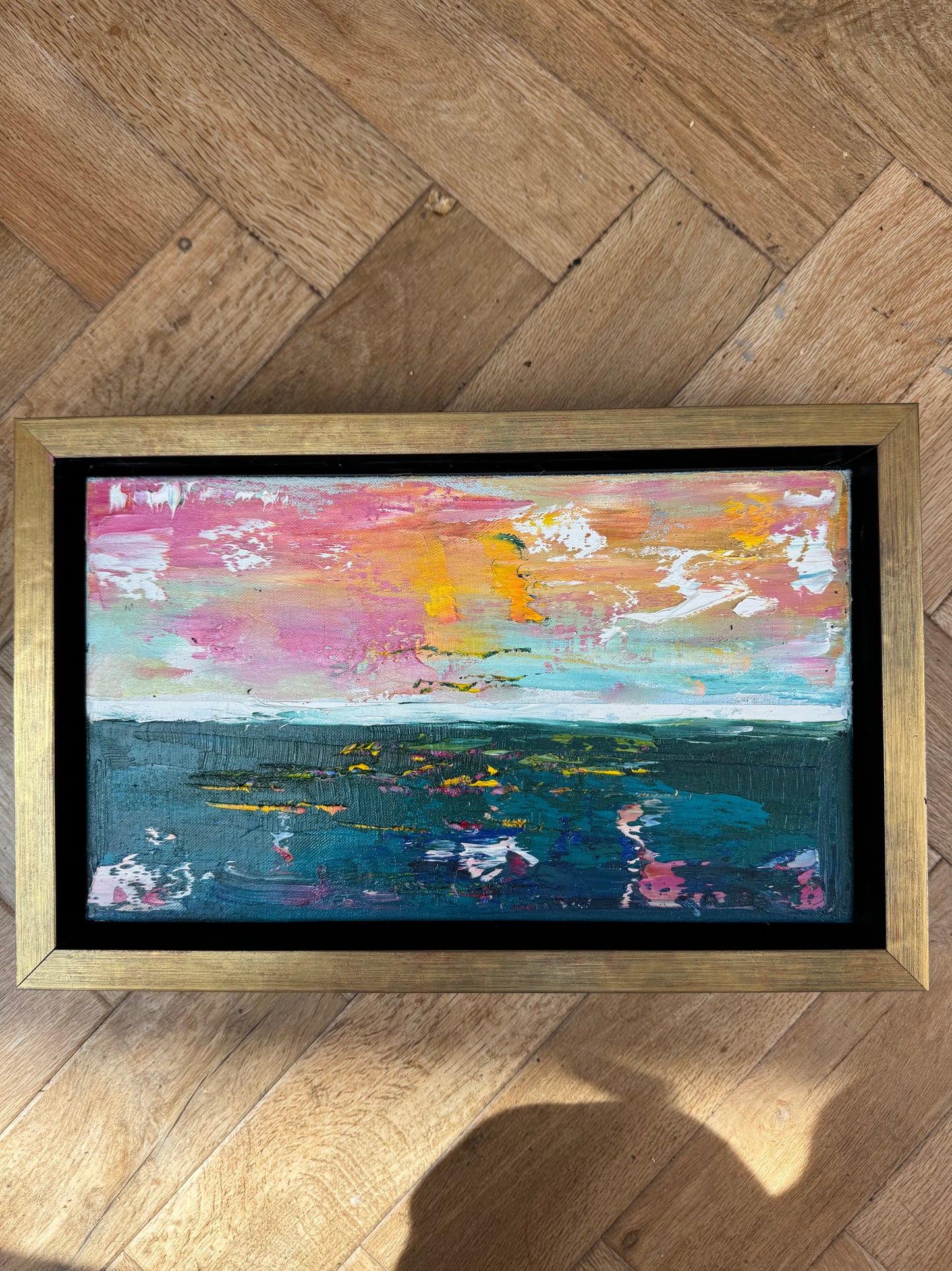 Framed in gold Original Abstract contemporary Oil Painting On Canvas 36x23cm textured Rose Gold sea