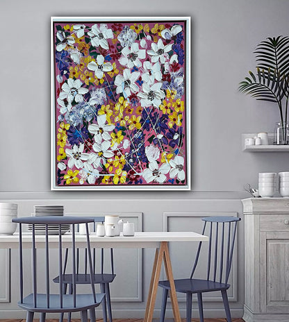 Framed Original Abstract Oil Painting On Canvas 80 x 65cm white flowers in bloom textured framed